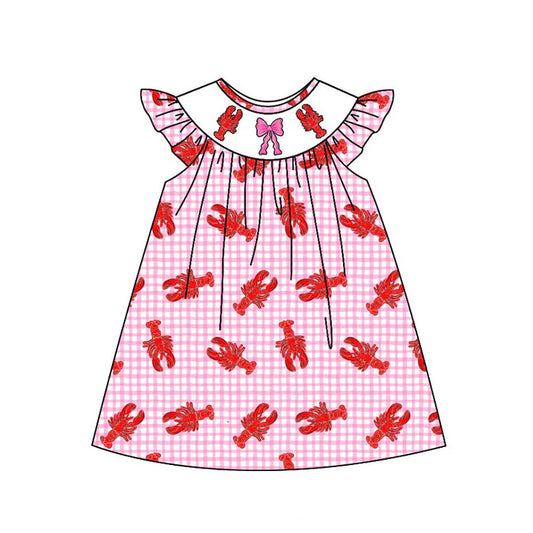 Preorder(moq 5) Baby Girls Pink Checked Crayfishes Flutter Sleeve Knee Length Dresses 11.4