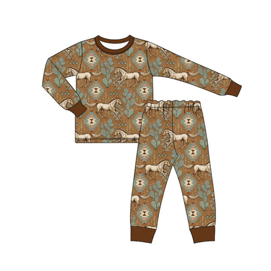 Preorder (moq 5)Baby Boys Brown Long Sleeves Aztec Horses Top Pant Pajamas Set 6.13