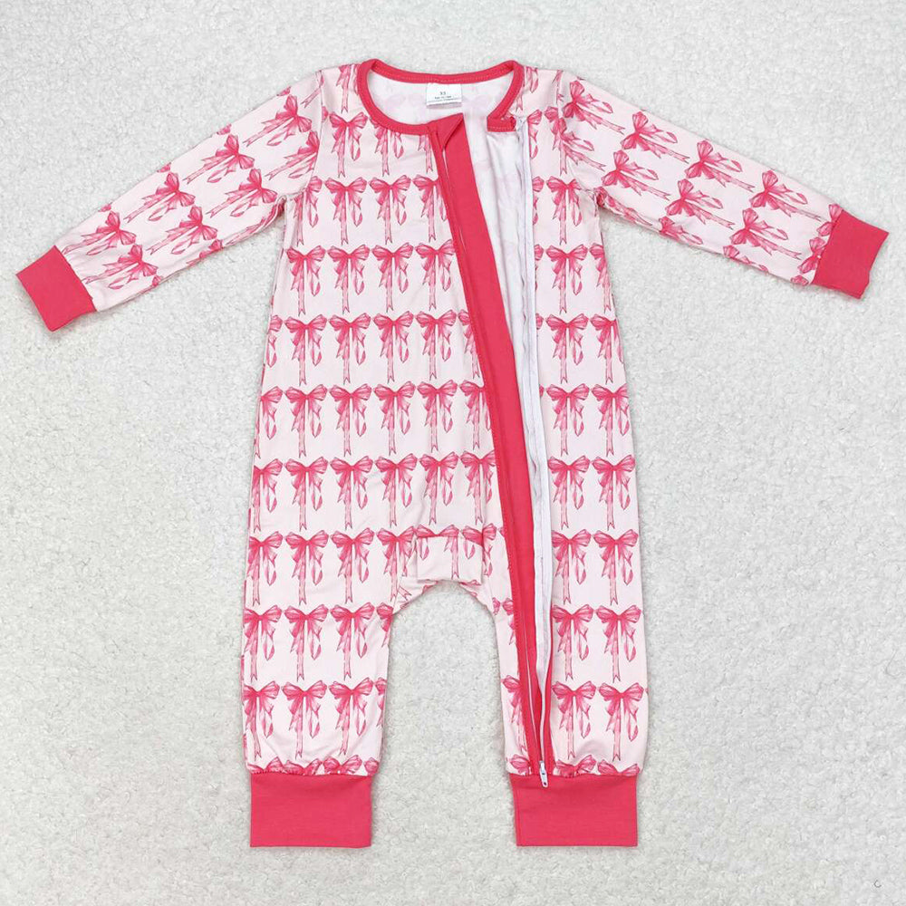 Baby Infant Girls Rompers Pink Bows Zip Long Sleeve Rompers LR1035