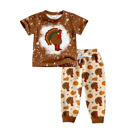 Preorder (moq 5)Baby Boys Brown Short Sleeves Turkey Top Pockets Legging Pants Sets 6.21
