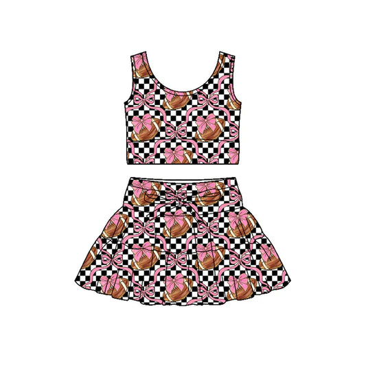 Preorder (moq 5)Baby Girls Black Checked Footballs Bows Vests Skirt Shorts Team Clothes Set 1.7