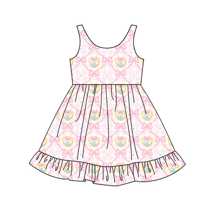 Preorder (moq 5)Baby Girls Pink Hearts Bows Checked Valentines Ruffle Knee Length Dresses 12.13