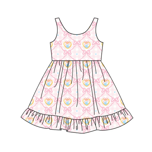 Preorder (moq 5)Baby Girls Pink Hearts Bows Checked Valentines Ruffle Knee Length Dresses 12.13