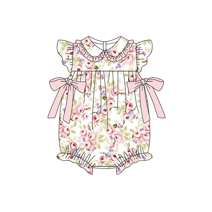 Preorder (moq 5)Baby Girls Flutter Sleeve Pink Flowers Bows Ruffle Rompers 11.11