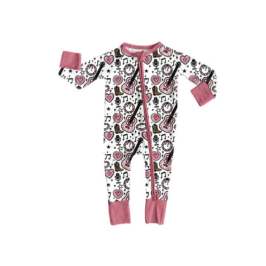 Preorder (moq 5)Baby Girls Stars Guitars Hearts Western Zipper Footie Rompers 10.23