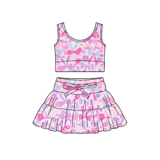 Preorder (moq 5)Baby Girls Sleeveless Colorful Flower Bows Vest Top Skirt Shorts Clothes Sets 12.19