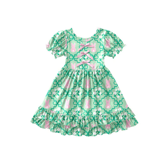 Preorder (moq 5)Baby Girls Rabbits Bows Checked Easter Ruffle Knee Length Dresses 12.26