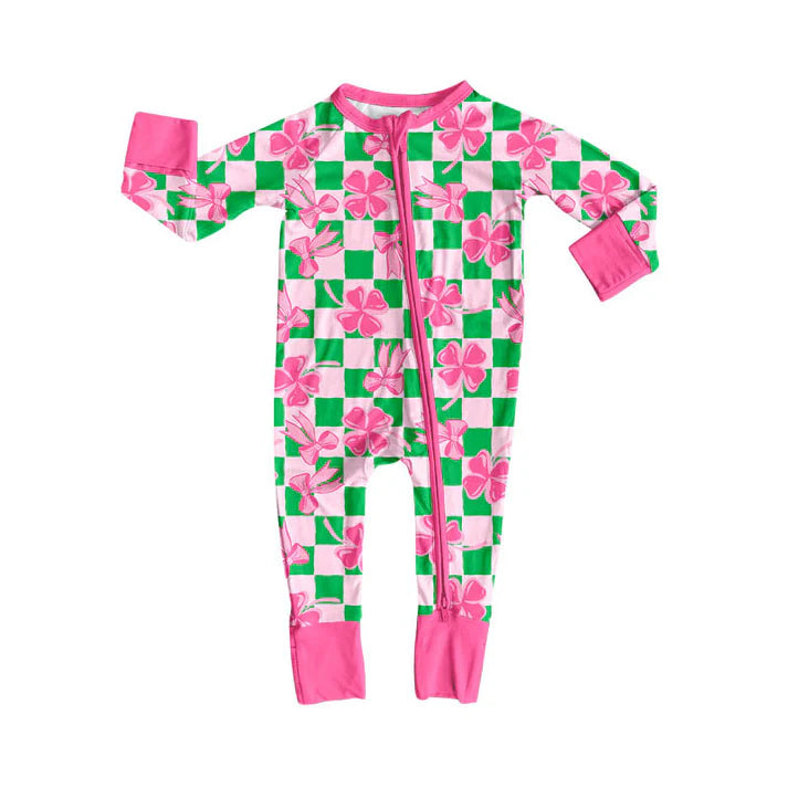 Preorder (moq 5)Baby Girls Bows Clovers Checked St Patrick Zipper Footie Rompers 10.30