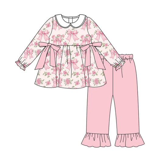Preorder (moq 5)Baby Girls Long Sleeves Pink Flowers Bows Plaid Tunic Ruffle Pants Set 7.29
