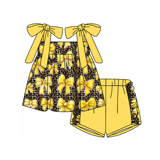 Preorder moq 5 Baby Girls Yellow Strap Bows Leopard Tunic Ruffle Short Set 4.19