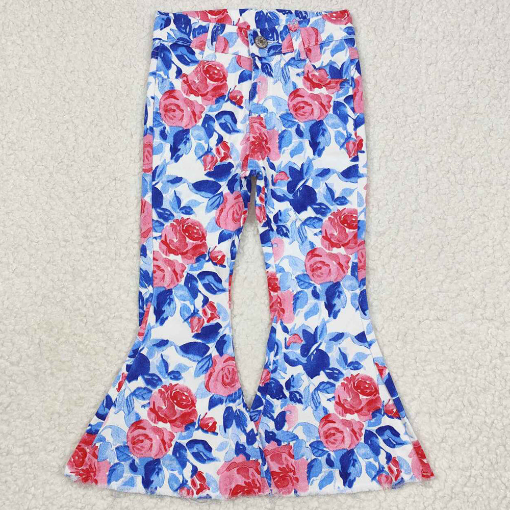 Baby Girls Jeans Pants Blue Leaves Pink Flowers Bell Flare Denim Pants P0466