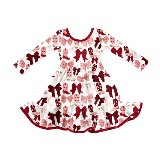 Preorder (moq 5)Baby Girls Red Pink Bows Boots Valentine Ruffle Knee Length Dresses 9.3