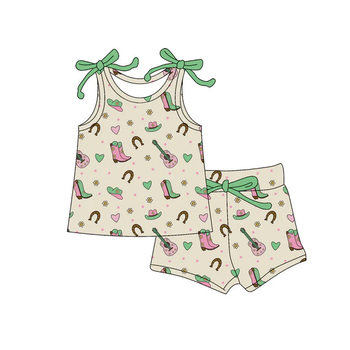 Preorder (moq 5)Baby Girls Heart Hat Boots Guitars Top Shorts Western Clothes Set 12.18