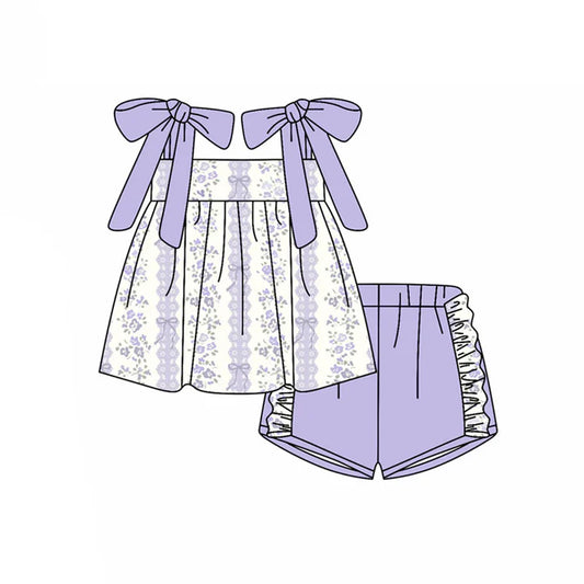 Preorder(moq 5) Baby Girls Lavender Strap Bows Flowers Stripe Tunic Ruffle Shorts Clothes Sets 10.21