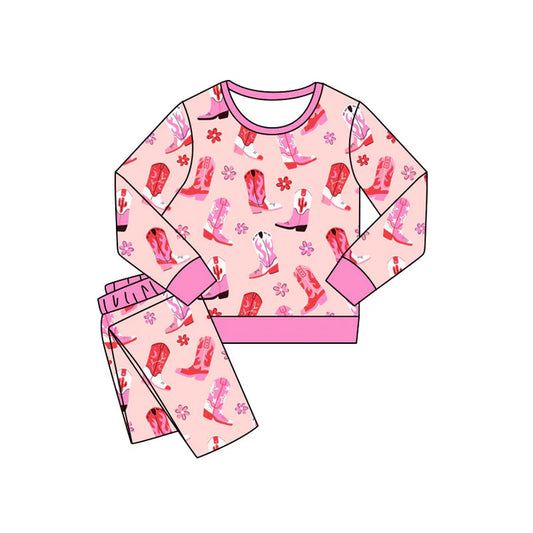 Preorder(moq 5) Baby Girls Boots Flowers Pants Western Pajamas Sets 11.8