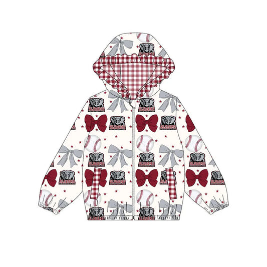 Preorder(moq 5)Baby Girls Grey Red Bows Alabama Pocket Zipper Team Ruffle Hoodies Jackets 10.16