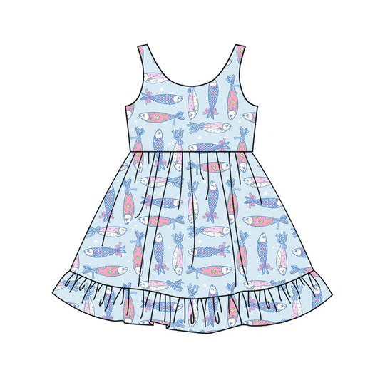 Preorder (moq 5)Baby Girls Bows Flowers Fishes Ruffle Knee Length Dresses 12.13