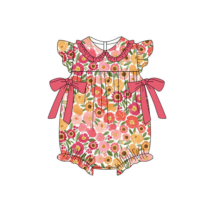 Preorder (moq 5)Baby Girls Flutter Sleeve Red Sunflowers Bows Ruffle Rompers 11.11
