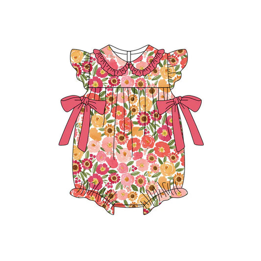 Preorder (moq 5)Baby Girls Flutter Sleeve Red Sunflowers Bows Ruffle Rompers 11.11