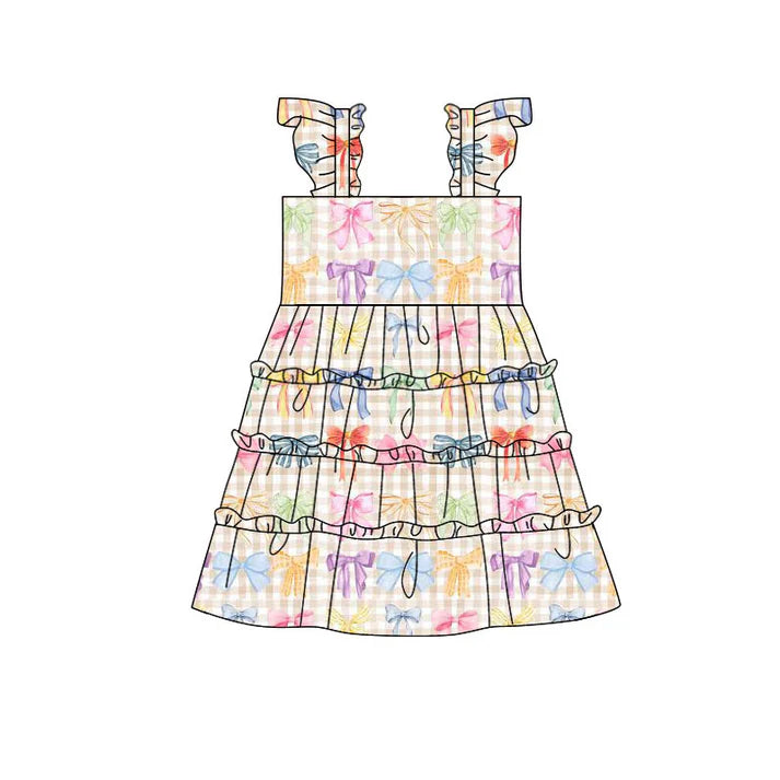 Preorder(moq 5) Baby Girls Colorful Bows Checked Patchwork Knee Length Dresses 10.29