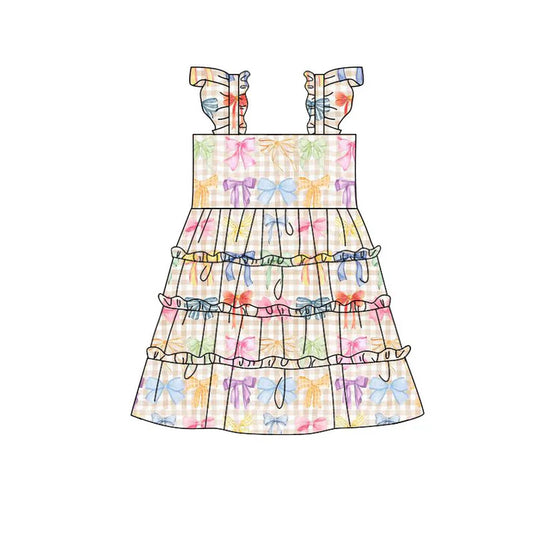 Preorder(moq 5) Baby Girls Colorful Bows Checked Patchwork Knee Length Dresses 10.29