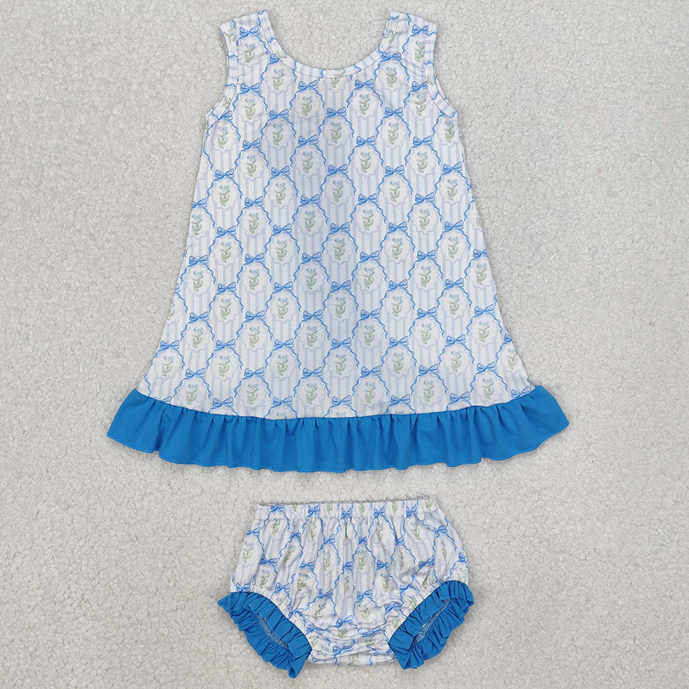 Baby Girls Clothes Blue Bows Ruffle Top Bummies Clothes Sets GBO0450