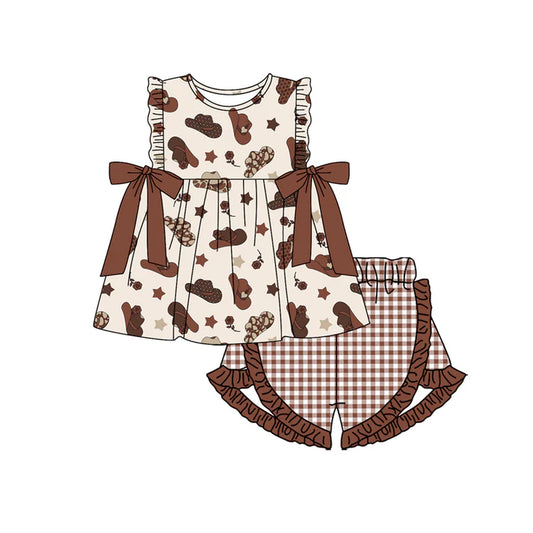 Preorder moq 5 Baby Girls Sleeveless Hats Stars Tunic Brown Plaid Ruffle Short Set 4.19