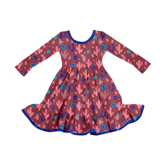 Preorder (moq 5)Baby Girls Western Cactus Ruffle Knee Length Dresses 8.12