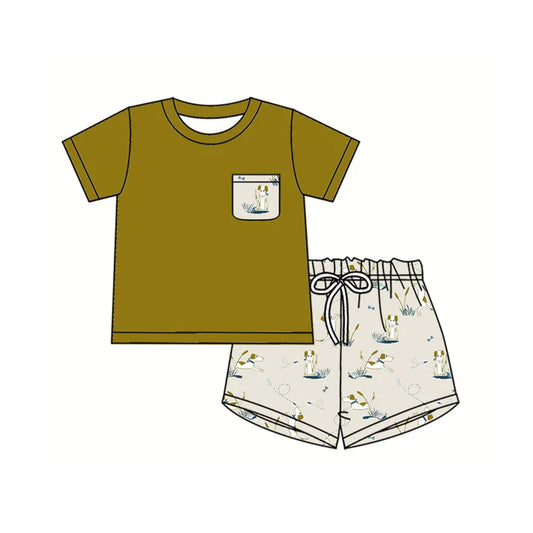 Preorder (moq 5)Baby Boys Olive Short Sleeves Pocket Top Dogs Bees Short Sets 5.15