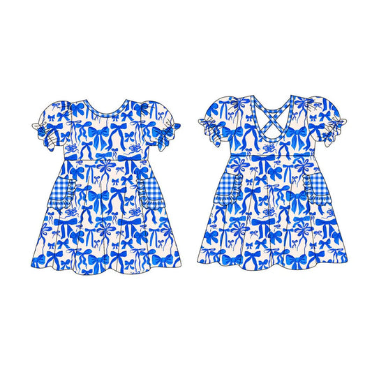 Preorder(moq 5) Baby Girls Hot Blue Bows Plaid Ruffle Pockets Knee Length Dresses 10.30