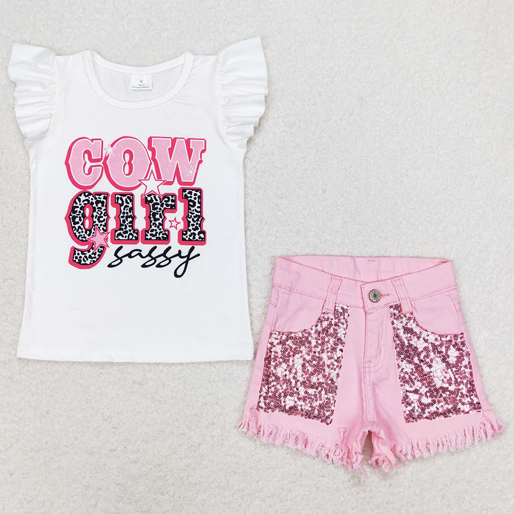 Baby Girls Clothes Western Sassy Cowgirl Shirt Pink Sequin Shorts Jeans Outfits GSSO0876