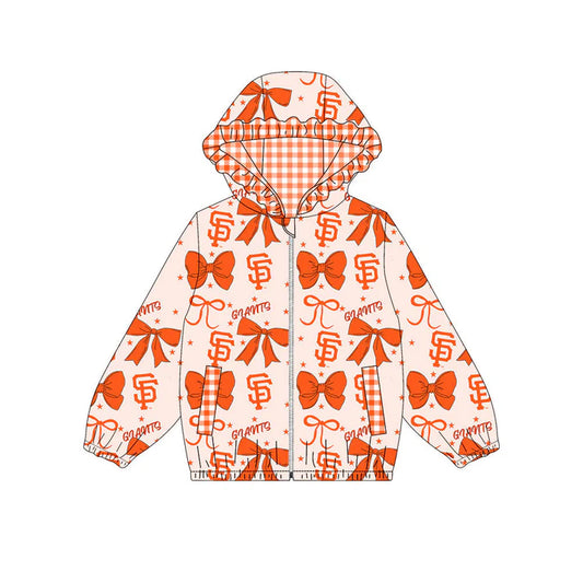 Preorder(moq 5)Baby Girls Orange Bows SF Giants Pocket Zipper Team Ruffle Hoodies Jackets 10.16