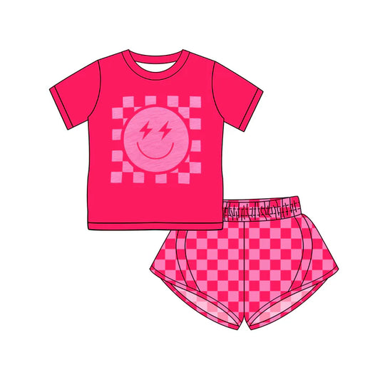 Preorder (moq 5)Baby Girls Hot Pink Short Sleeves Smile Top Plaid Yoga Short Set 4.25
