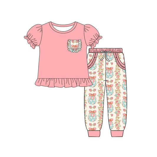 Preorder (moq 8)Baby Girls Eggs Flowers Pocket Top Pockets Legging Easter Clothes Sets 9.12