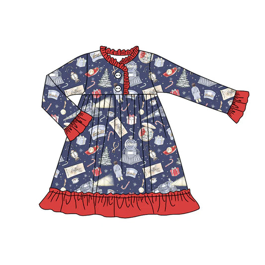 Preorder (moq 5)Baby Girls Gifts Candy Cane Christmas Button Ruffle Knee Length Dresses 9.4