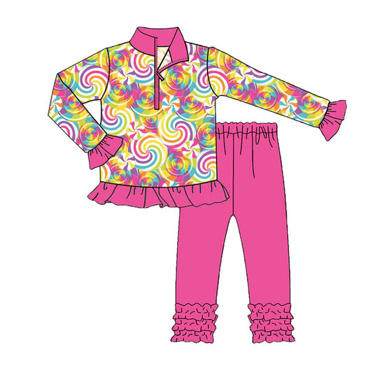 Preorder (moq 5)Baby Girls Pink Colorful Candy Zipper Pullover Ruffle Leggings Clothes Sets 9.6