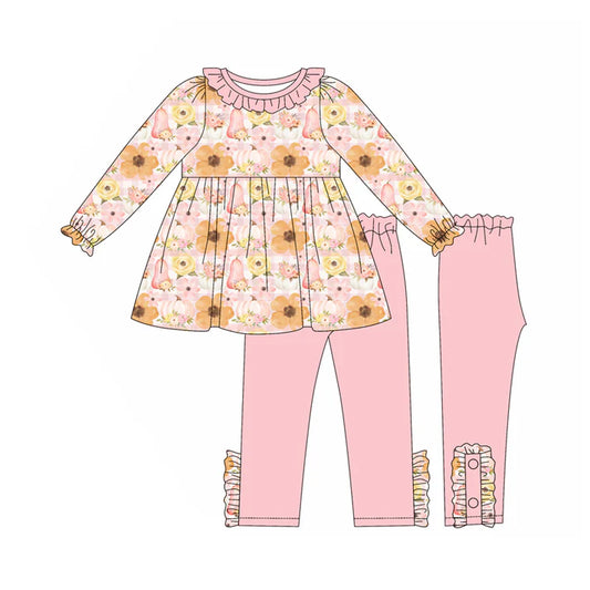 Preorder (moq 5)Baby Girls Long Ruffle Sleeves Flowers Pumpkins Tunic Legging Pant Set 5.24
