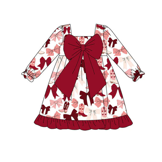 Preorder (moq 8)Baby Girls Long Ruffle Sleeve Pink Red Heart Boots Bows Knee Length Dresses 9.18