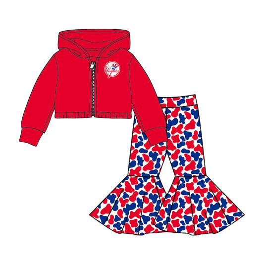 Preorder moq 5 Baby girls Red team hooded shirt bell bottom pants sets 8.16