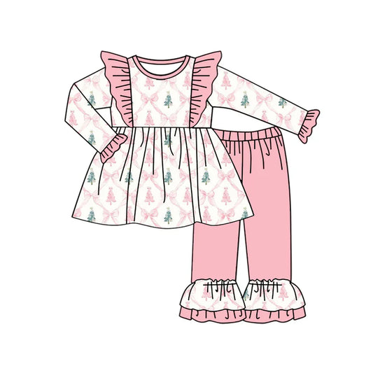 Preorder (moq 5)Baby Girls Long Sleeves Pink Bows Trees Plaid Tunic Ruffle Pant Set 5.19