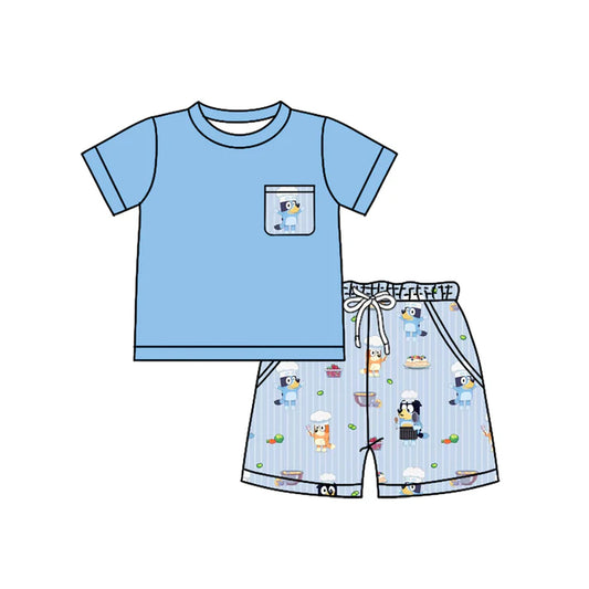 Preorder (moq 5)Baby Boys Blue Short Sleeves Pocket Top Cartoon Dogs Stripe Short Set 4.25