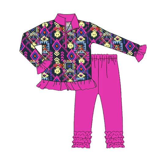 Preorder(moq 5) Baby Girls Aztec Western Zip Pullover Top Legging Boutique Outfits Sets 8.7