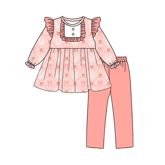 Preorder(moq 5) Baby Girls Coral Pink Bows Bib Tunic Top Legging Boutique Outfits Sets 8.14