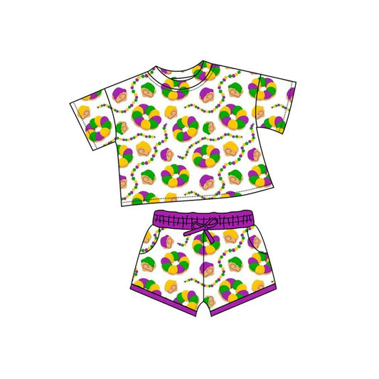 Preorder(moq 5) Baby Girls Mardigras Short Sleeve Donuts Plaid Top Pockets Shorts Clothes Sets 10.10