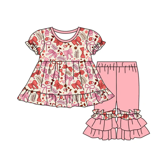 Preorder (moq 5)Baby Girls Pink Flowers Bows Tunic Ruffle Pants Clothes Sets 12.6