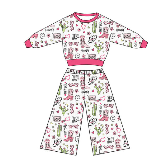 Preorder(moq 5) Baby Girls Howdy Boots Hats Top Flare Pants Western Clothes Sets 10.27