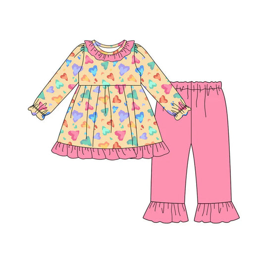 Preorder (moq 8)Baby Girls Colorful Hearts Tunic Ruffle Pants Valentine Clothes Sets 9.12
