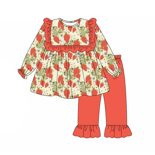 Preorder (moq 5)Baby Girls Long Sleeves Leaves Strawberry Tunic Ruffle Pant Set 5.20