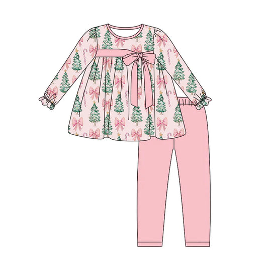 Preorder (moq 5)Baby Girls Long Ruffle Sleeves Pink Bows Trees Tunic Leggings Pant Sets 5.29