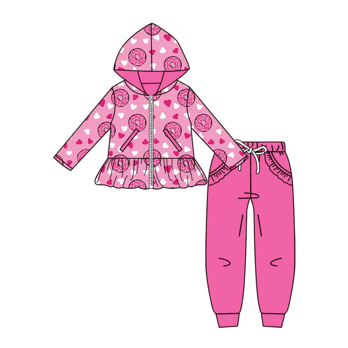 Preorder (moq 5)Baby Girls Donuts Hearts Pockets Zip Hoodie Jackets Jogger Valentines Clothes Sets 11.20